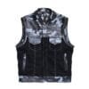 Men's Urban Camo Leather Motorcycle Vest in black denim with front, interior and back views
