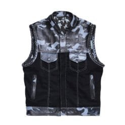 Men's Urban Camo Leather Motorcycle Vest in black denim with front, interior and back views