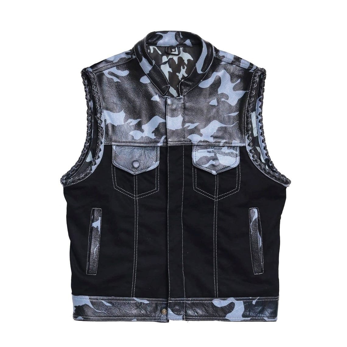 Men's Urban Camo Leather Motorcycle Vest in black denim with front, interior and back views