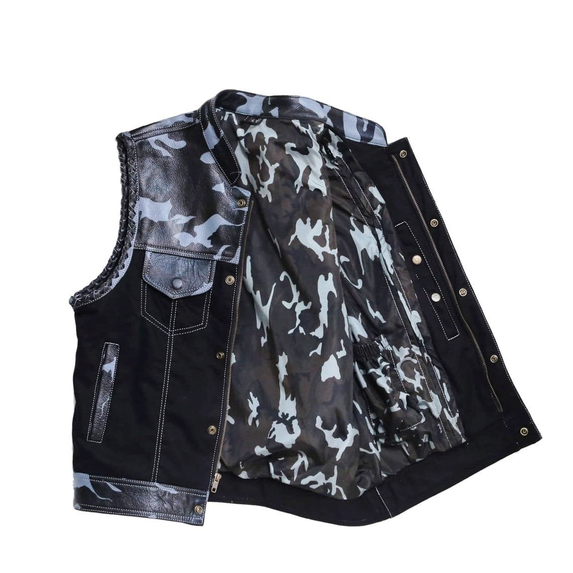Men's Urban Camo Leather & Black Denim Motorcycle Vest - Image 2