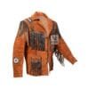 Men's copper brown goat suede jacket with genuine leather fringe, braided trim, and concho-style medallions