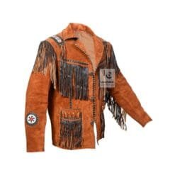 Men's copper brown goat suede jacket with genuine leather fringe, braided trim, and concho-style medallions