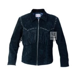 Men's Black Suede Fringe Cowboy Jacket with Straight Bar Lacing