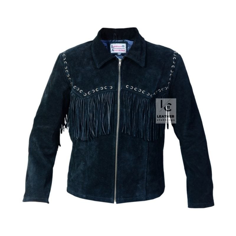 Men's Black Suede Fringe Cowboy Jacket with Straight Bar Lacing