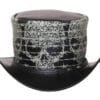 Black leather top hat with skull and barbed wire artwork in gothic steampunk style