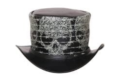 Black leather top hat with skull and barbed wire artwork in gothic steampunk style