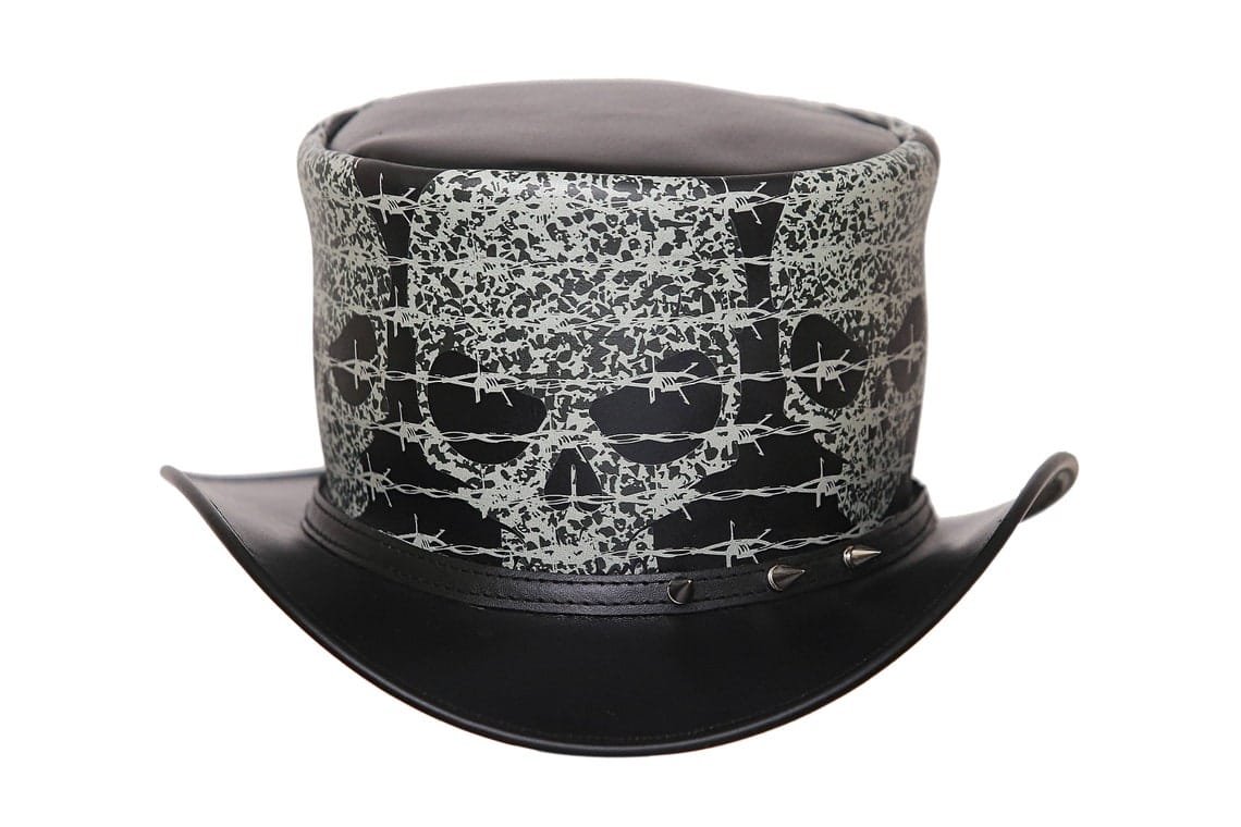 Black leather top hat with skull and barbed wire artwork in gothic steampunk style
