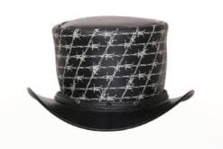 Black leather top hat with silver barbed wire pattern in gothic steampunk style
