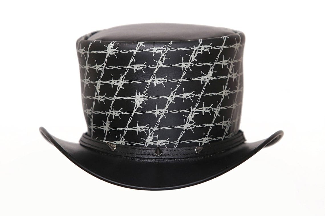 Black leather top hat with silver barbed wire pattern in gothic steampunk style