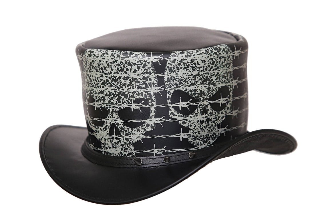 Black Leather Barbed Wire Skull Top Hat – Steampunk Gothic Hat - Image 2