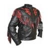 Men's black genuine leather motorcycle jacket with red flame appliqués and dual-tone leather fringe