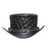 Quilted black leather top hat with diamond stitched crown and rivet band detail