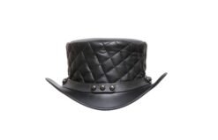 Quilted black leather top hat with diamond stitched crown and rivet band detail