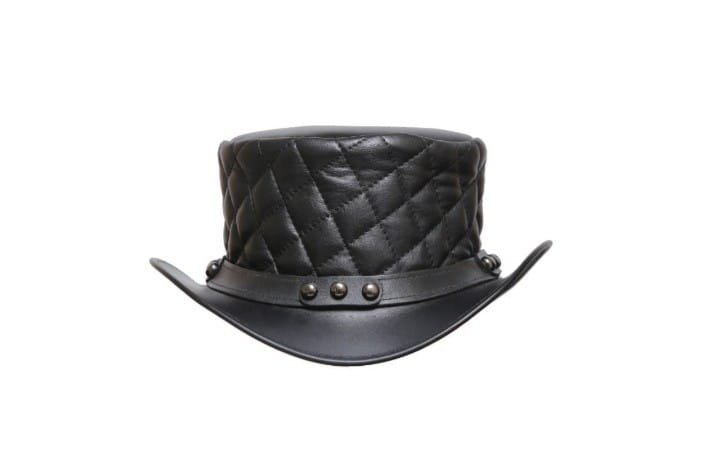 Quilted black leather top hat with diamond stitched crown and rivet band detail