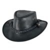 Black leather cowboy hat with braided band and snap strap detail
