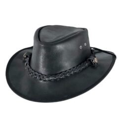 Black leather cowboy hat with braided band and snap strap detail