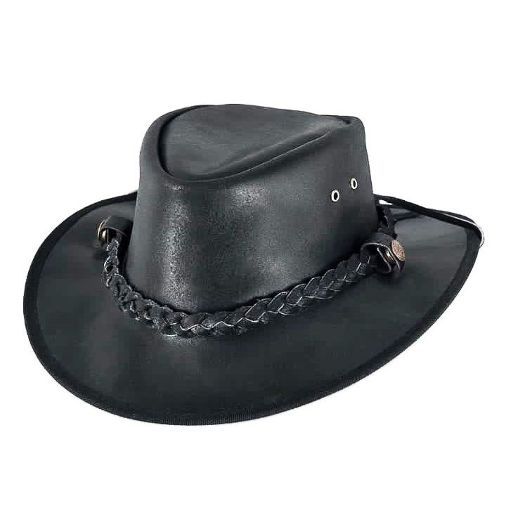 Black leather cowboy hat with braided band and snap strap detail