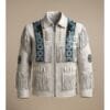 Men’s white suede fringe jacket with eagle beadwork and fringe detailing