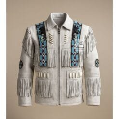 Men’s white suede fringe jacket with eagle beadwork and fringe detailing