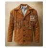 Men's tan goat suede fringe jacket with embroidered shoulder accents and Western yoke detailing