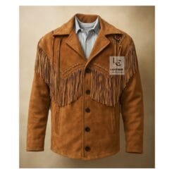 Men's tan goat suede fringe jacket with embroidered shoulder accents and Western yoke detailing