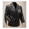 Men's black genuine leather fringe jacket with diagonal fringe, woven shoulder accents, and sleeve rosette applique
