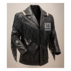 Men's black genuine leather fringe jacket with diagonal fringe, woven shoulder accents, and sleeve rosette applique