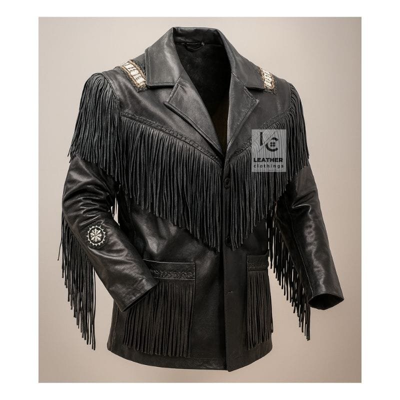 Men's black genuine leather fringe jacket with diagonal fringe, woven shoulder accents, and sleeve rosette applique