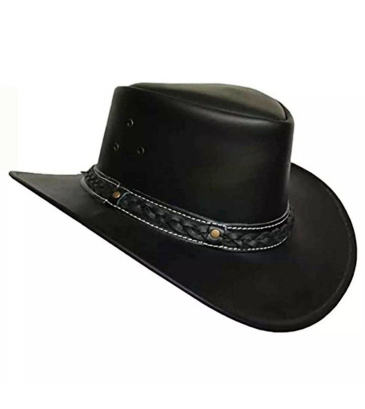 Aussie Bush Black Leather Hat Western Outback Style