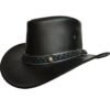Black leather cowboy hat with braided band and stitched detail