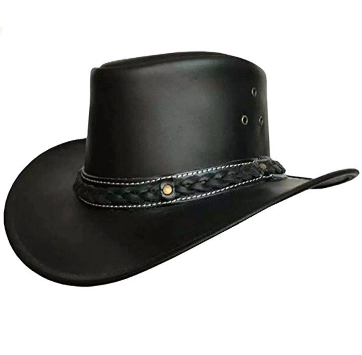 Black leather cowboy hat with braided band and stitched detail