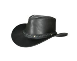 Black leather cowboy hat with textured band and wide brim
