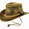 Distressed brown suede cowboy hat with braided band and chin strap