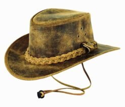 Distressed brown suede cowboy hat with braided band and chin strap