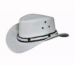 White leather cowboy hat with braided band and ventilation eyelets