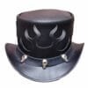 Black leather top hat with embossed flame design and skull-studded hatband
