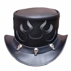 Black leather top hat with embossed flame design and skull-studded hatband