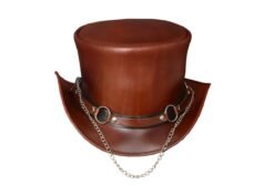 Brown leather top hat with SR2 chain band and decorative metal chain accents