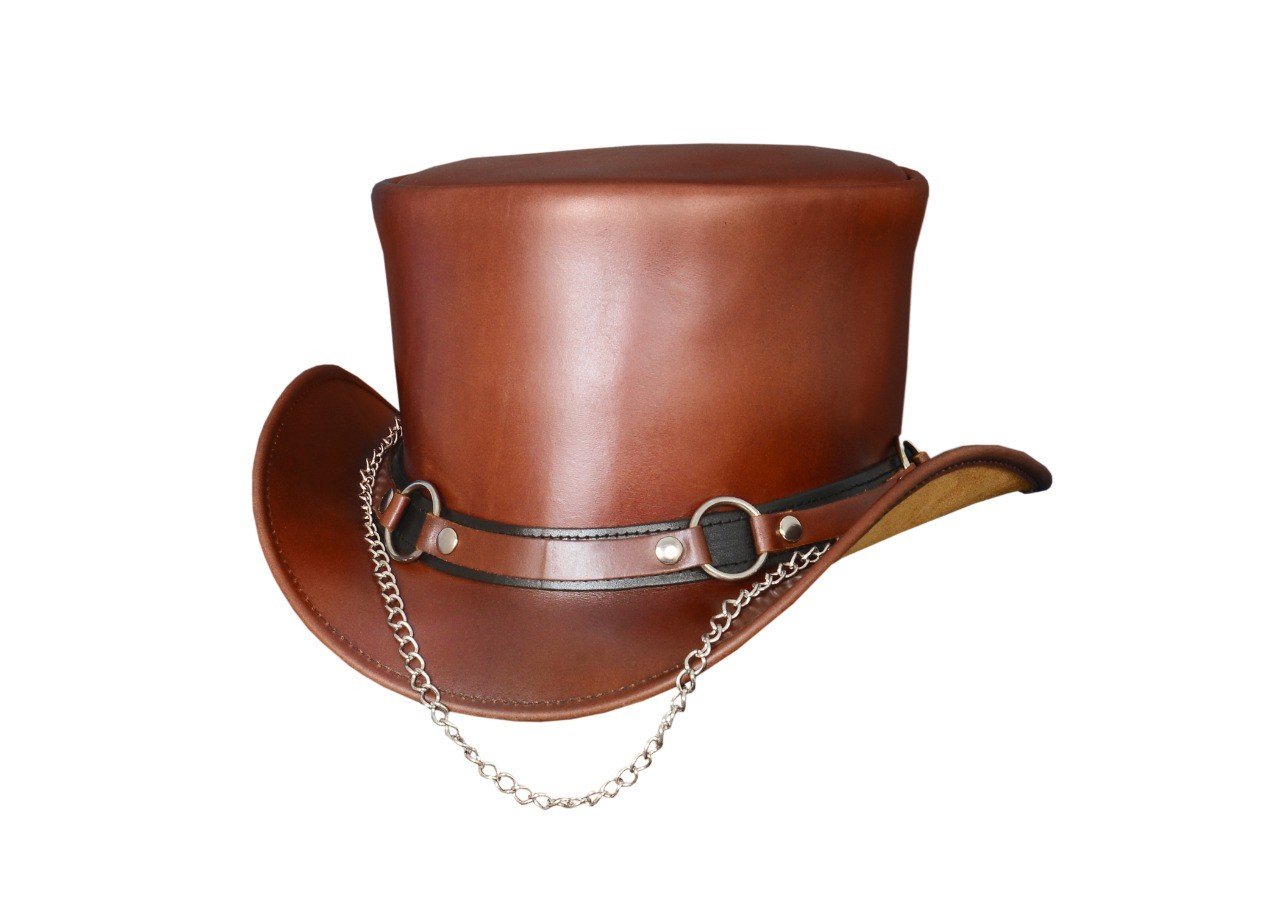 Brown Leather Top Hat with SR2 Chain Band – Steampunk Western Style - Image 2