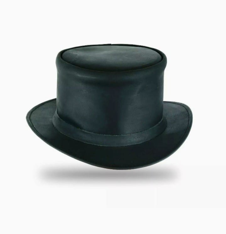 Classic black leather top hat with traditional Victorian design