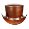 Waxed brown leather top hat with Buffalo nickel band and curved Western brim
