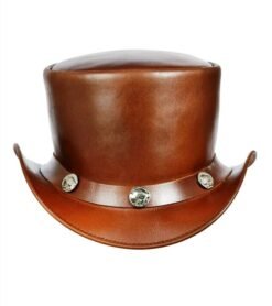Waxed brown leather top hat with Buffalo nickel band and curved Western brim