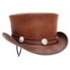 Brown leather top hat with Buffalo nickel conchos and Western-inspired hatband