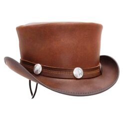 Brown leather top hat with Buffalo nickel conchos and Western-inspired hatband