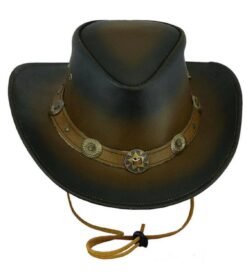 Dark brown leather cowboy hat with concho band and star centerpiece