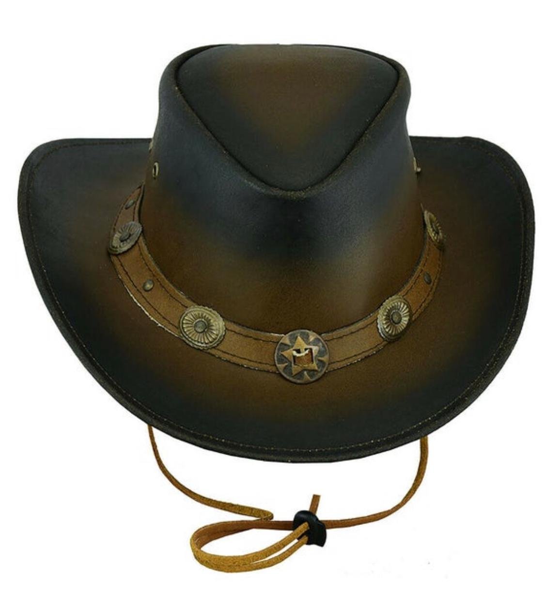 Dark brown leather cowboy hat with concho band and star centerpiece