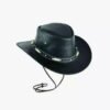 Black leather cowboy hat with bone band and chin strap