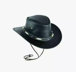 Black leather cowboy hat with bone band and chin strap