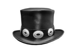 Black leather rocker top hat with decorative concho band and concert-inspired design