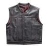 Men's Black Leather Motorcycle Vest with Red Paisley Lining front and interior views